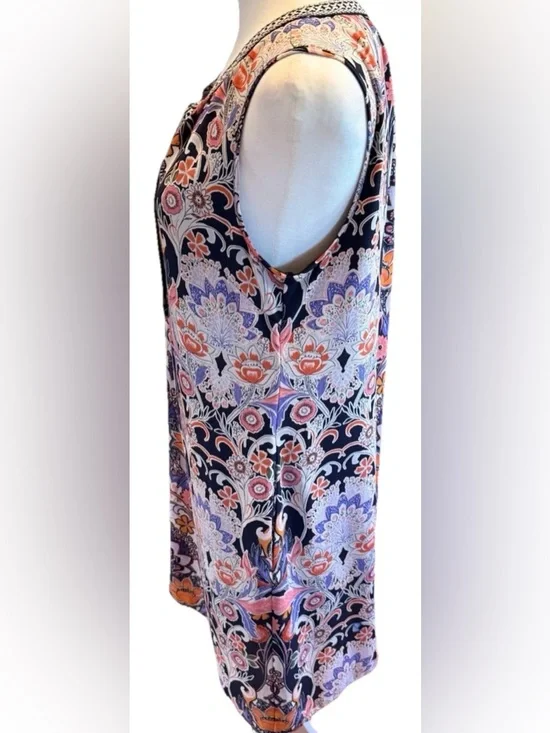DR2 Women’s M Navy Blue Floral Paisley Boho Sleeveless Shift Dress Medium - Picture 10 of 13